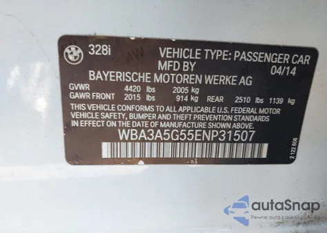 2014 BMW 328I from USA, damaged, VIN WBA3A5G55ENP31507
